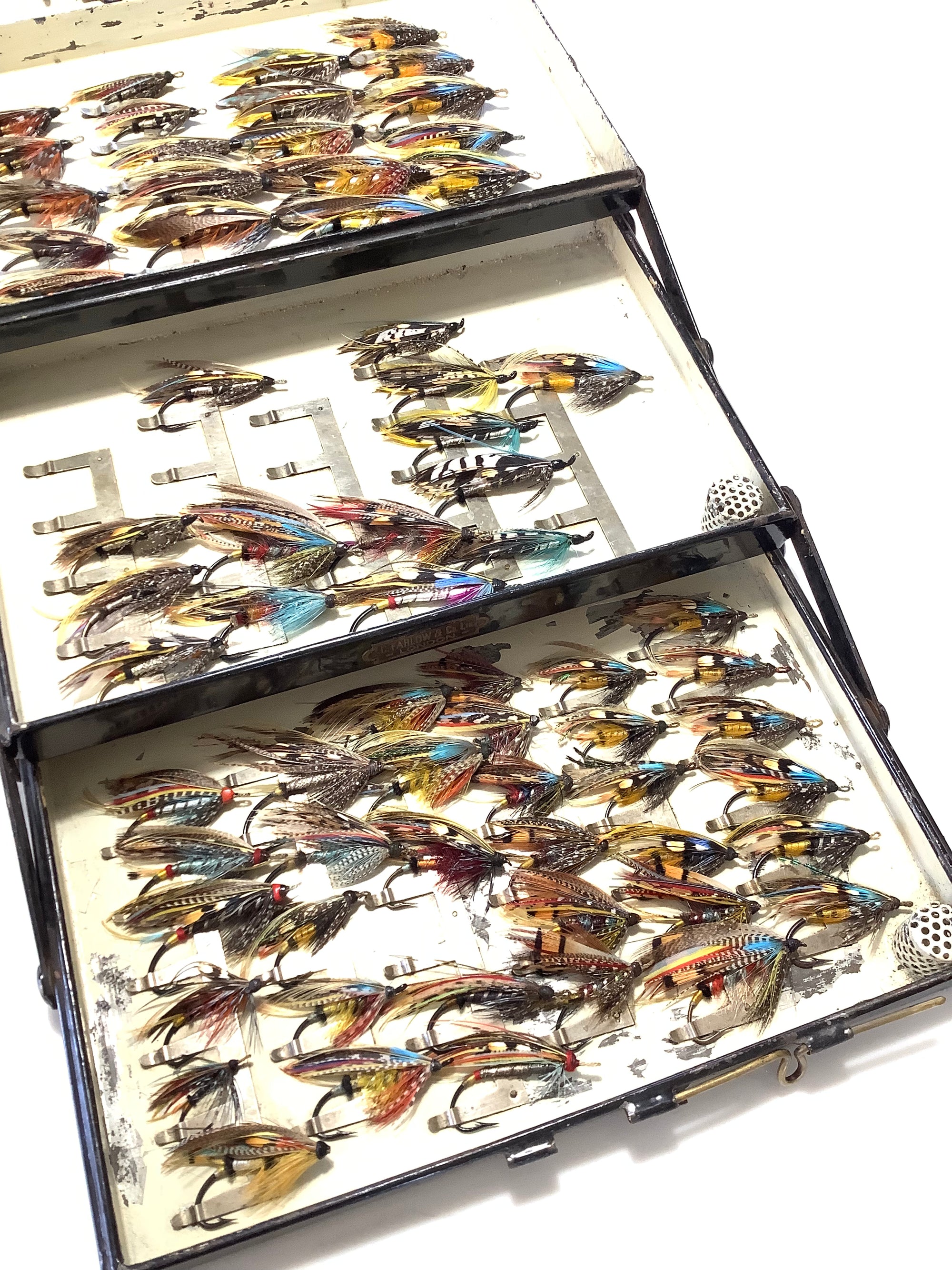 Antique FARLOWS Expandable Cantilever Salmon Fly Carrier loaded with Dressed Gut Eye Salmon Flies