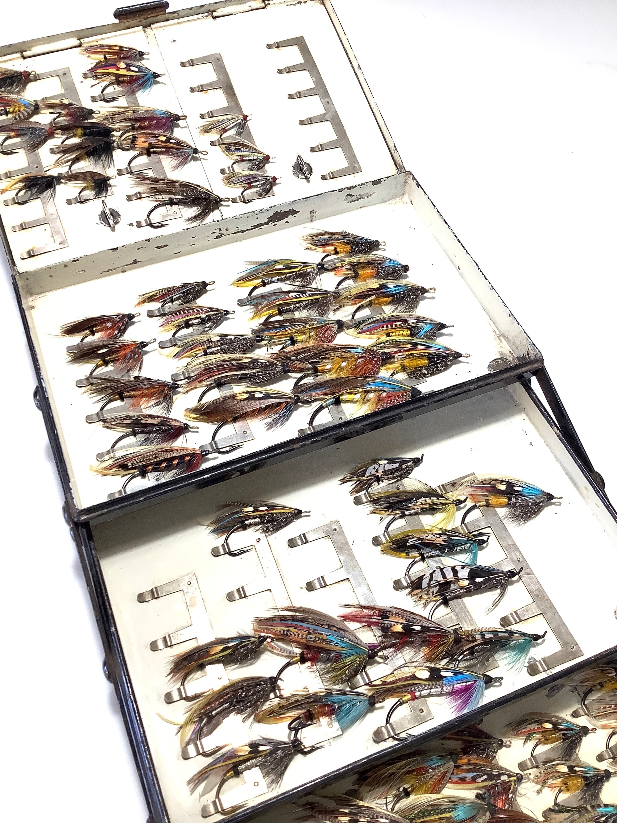 Antique FARLOWS Expandable Cantilever Salmon Fly Carrier loaded with Dressed Gut Eye Salmon Flies