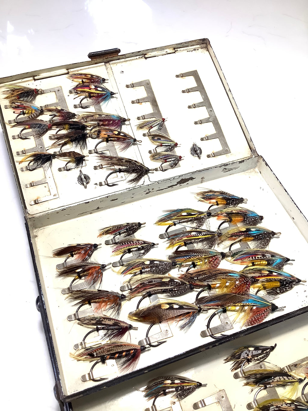 Antique FARLOWS Expandable Cantilever Salmon Fly Carrier loaded with Dressed Gut Eye Salmon Flies