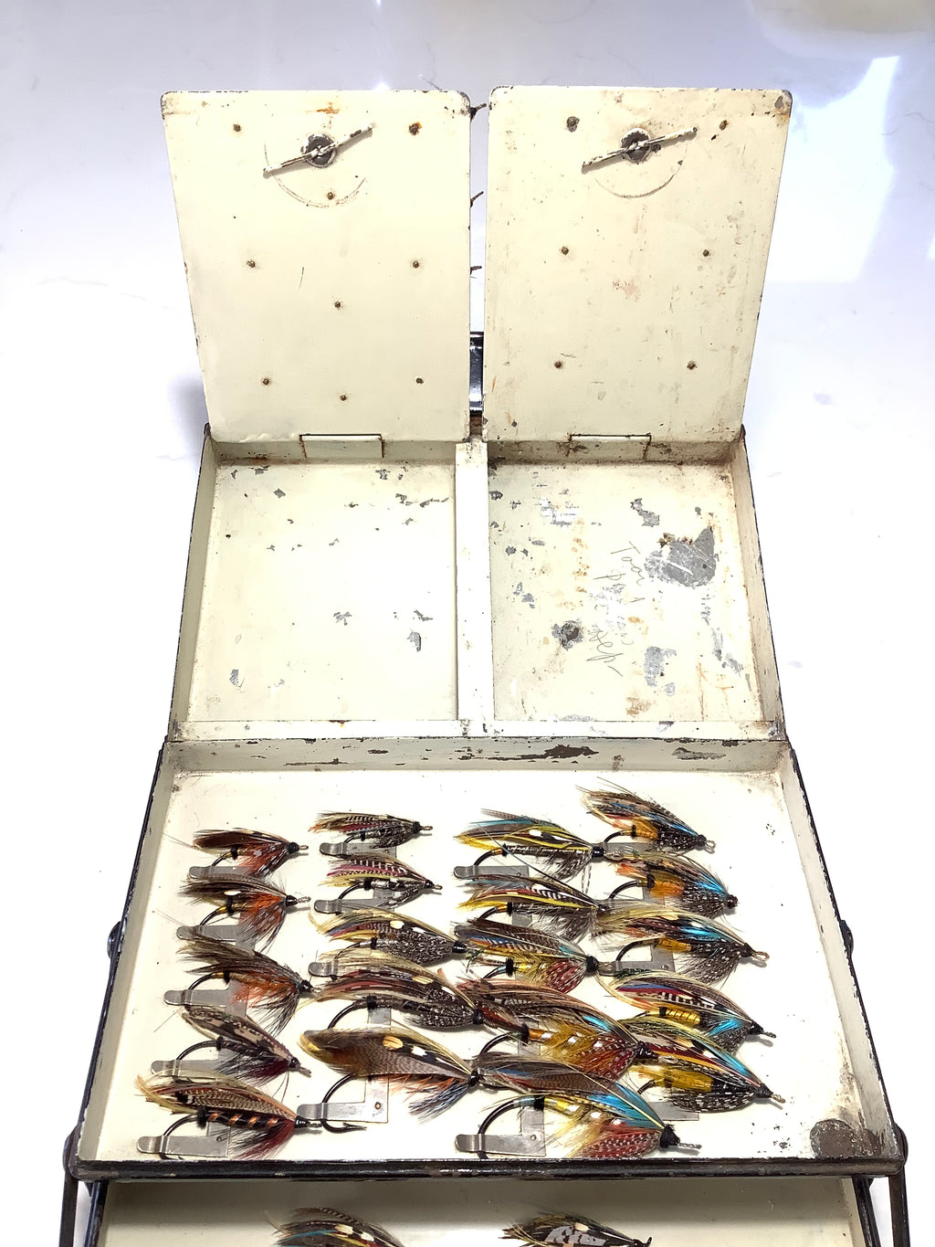 Antique FARLOWS Expandable Cantilever Salmon Fly Carrier loaded with Dressed Gut Eye Salmon Flies
