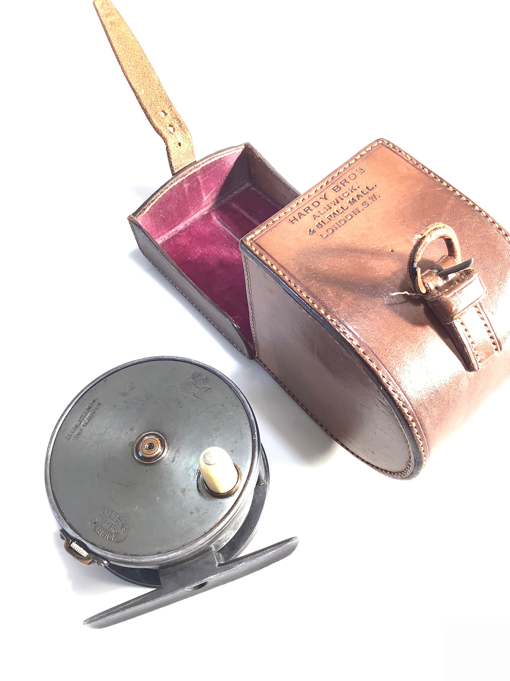 Antique 1896 Hardy Bros Brass Faced 3 1/2 Perfect Fly Reel with Block Leather Case