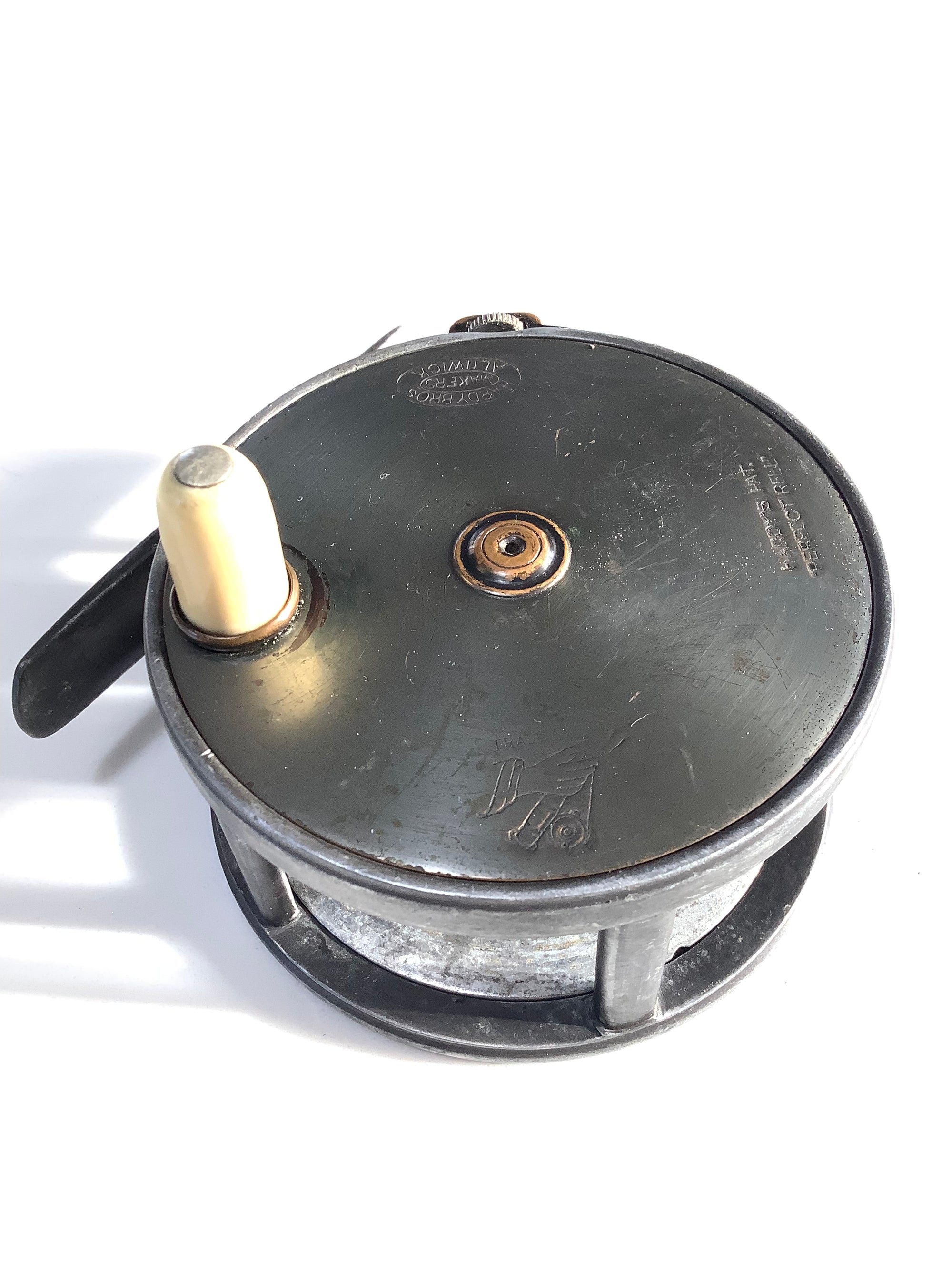 Antique 1896 Hardy Bros Brass Faced 3 1/2 Perfect Fly Reel with Block Leather Case