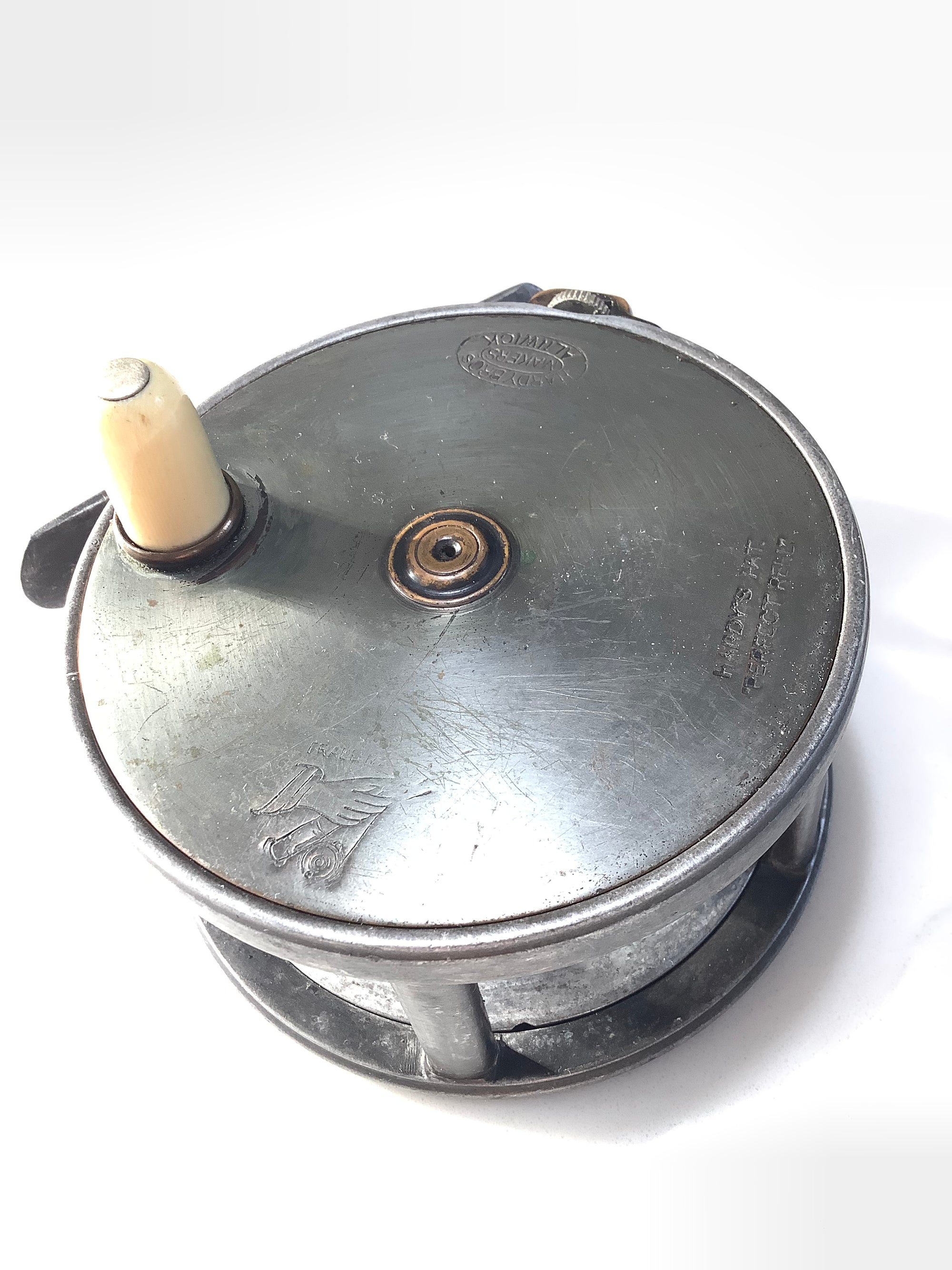 Antique 1896 Hardy Bros Brass Faced 3 1/2 Perfect Fly Reel with Block Leather Case