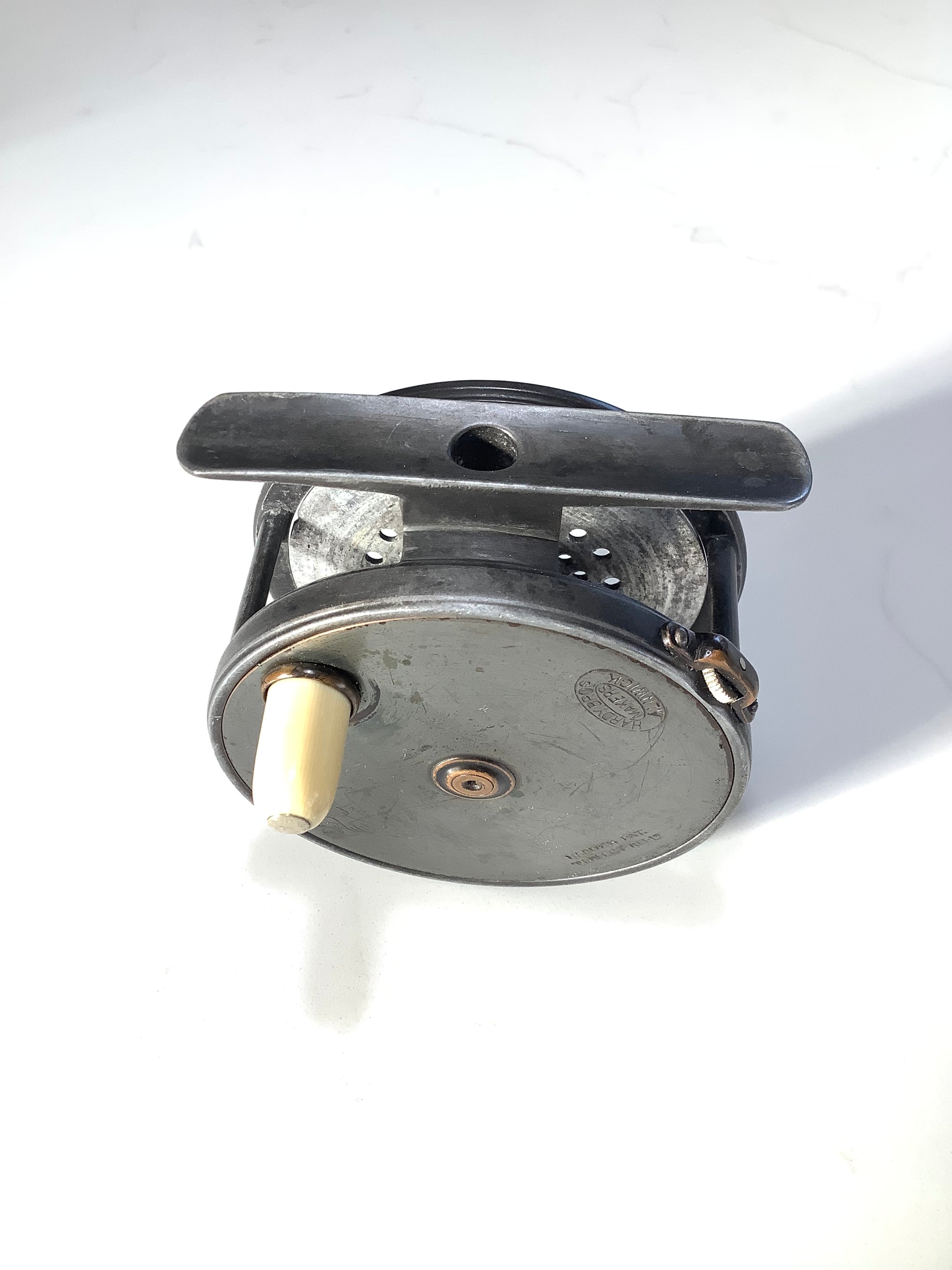 Antique 1896 Hardy Bros Brass Faced 3 1/2 Perfect Fly Reel with Block Leather Case