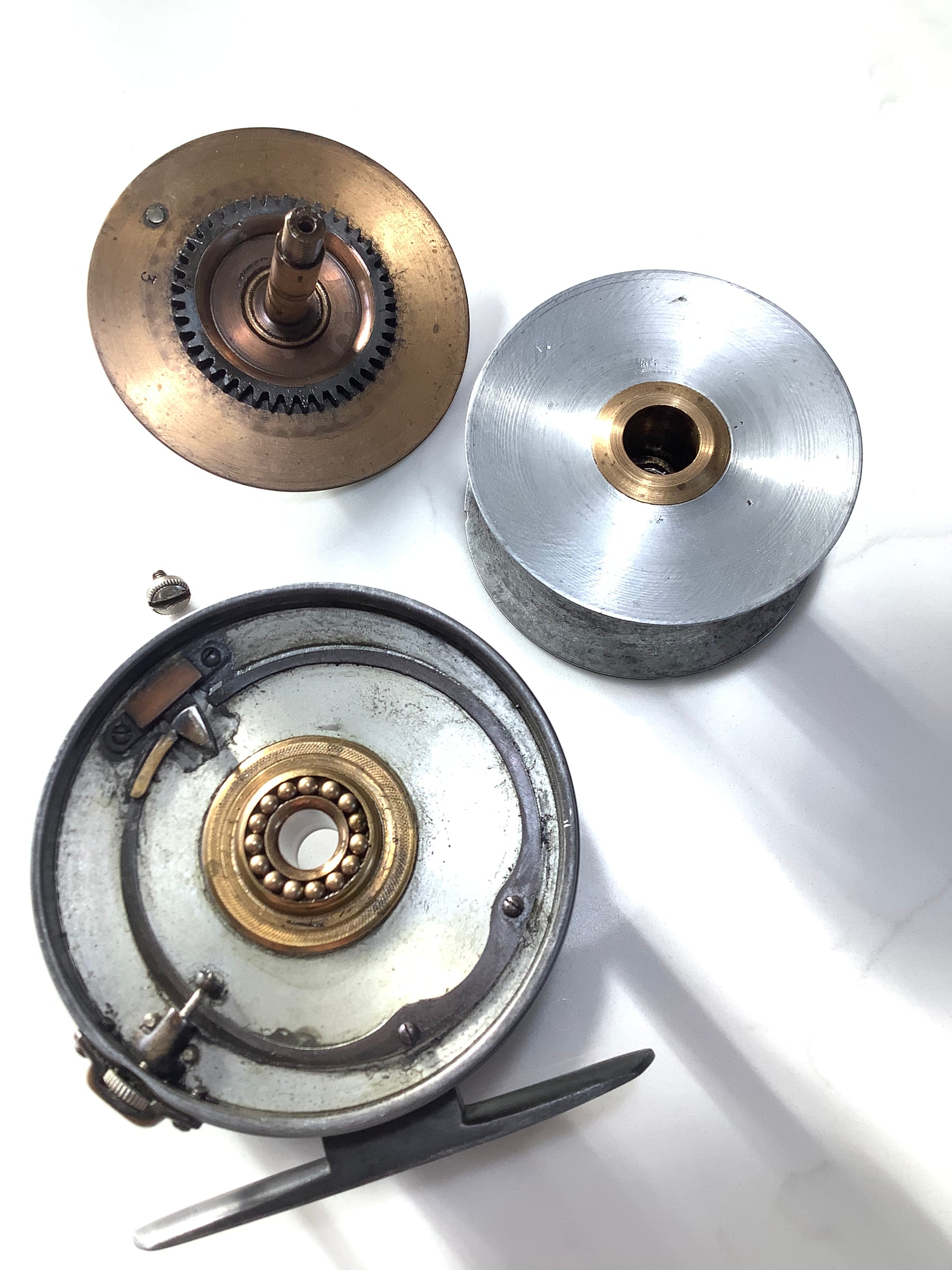 Antique 1896 Hardy Bros Brass Faced 3 1/2 Perfect Fly Reel with Block Leather Case