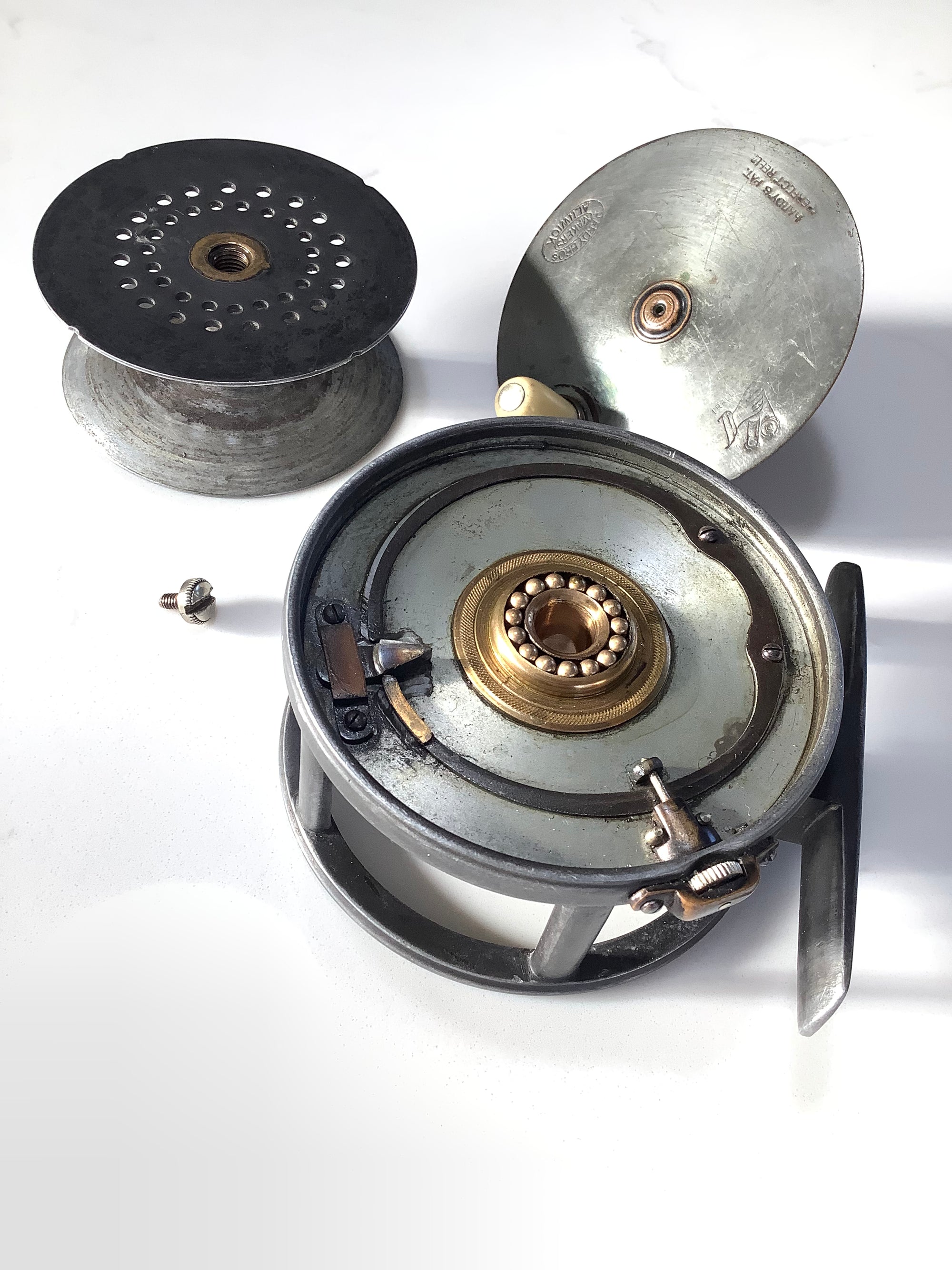 Antique 1896 Hardy Bros Brass Faced 3 1/2 Perfect Fly Reel with Block Leather Case