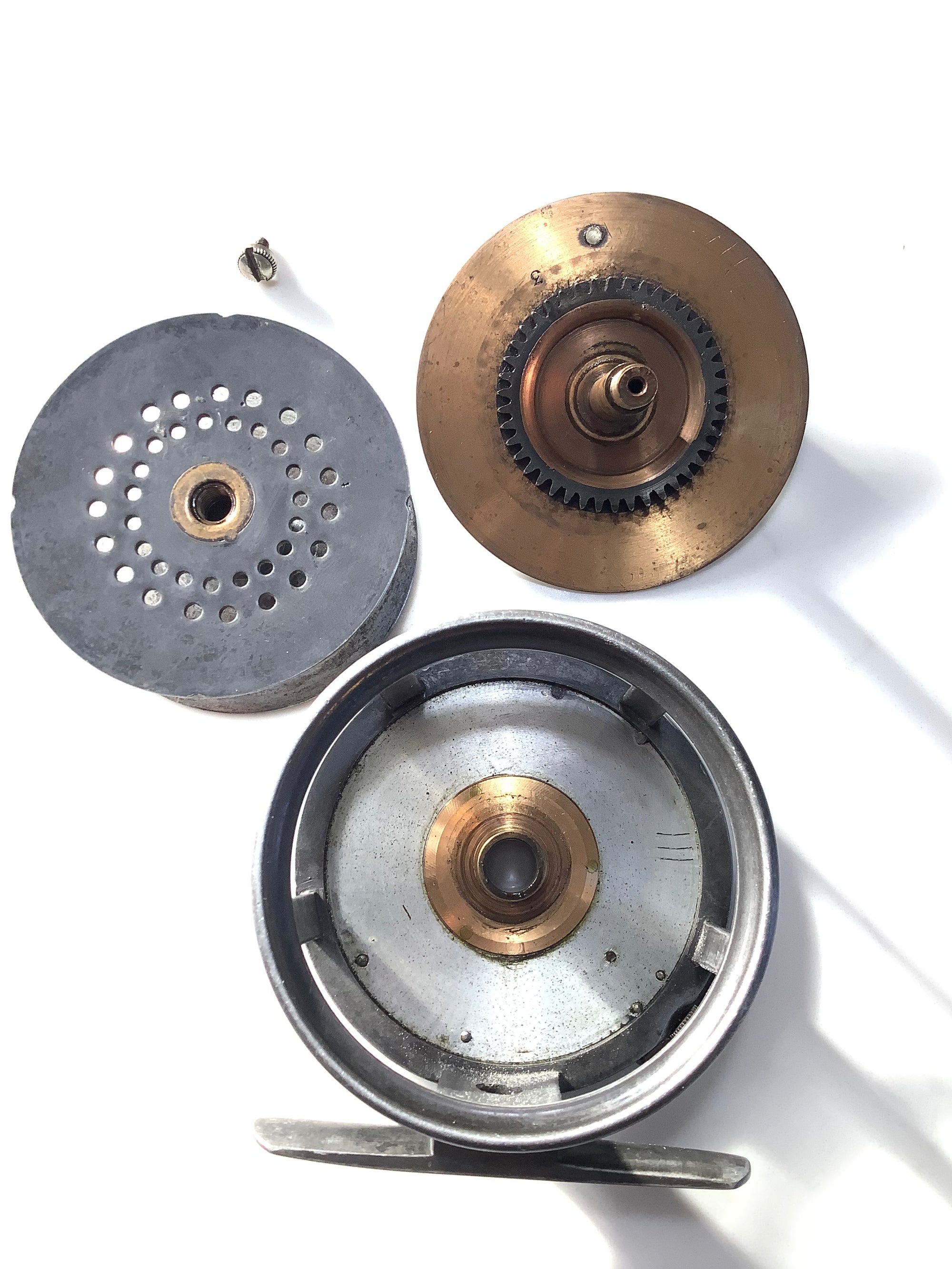 Antique 1896 Hardy Bros Brass Faced 3 1/2 Perfect Fly Reel with Block Leather Case