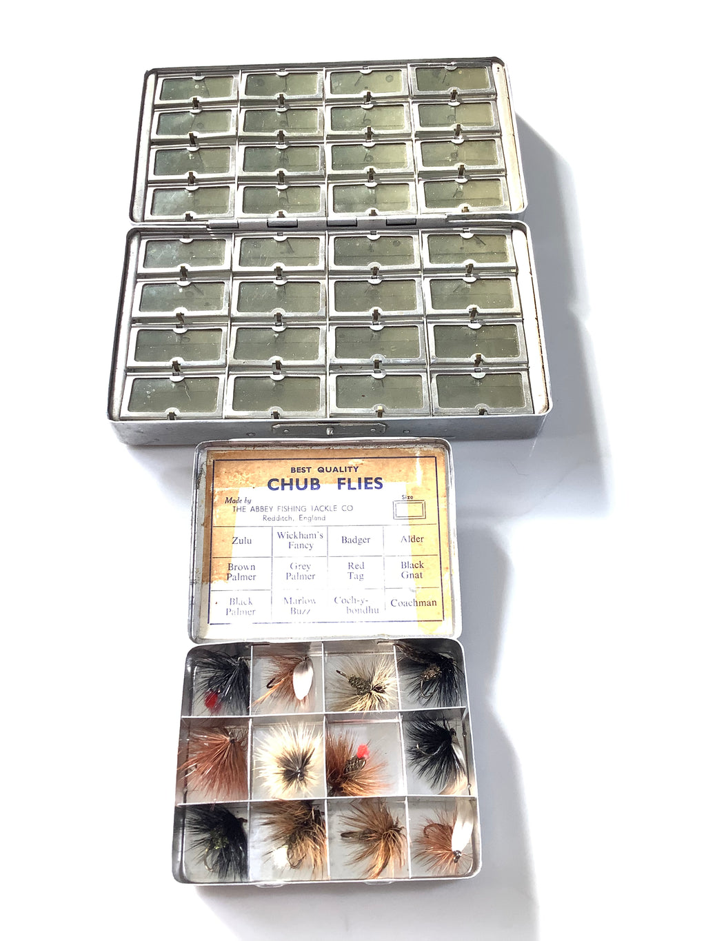 Vintage Alloy Double Lid Compartment Dry Fly Box plus one other with CHUB Flies