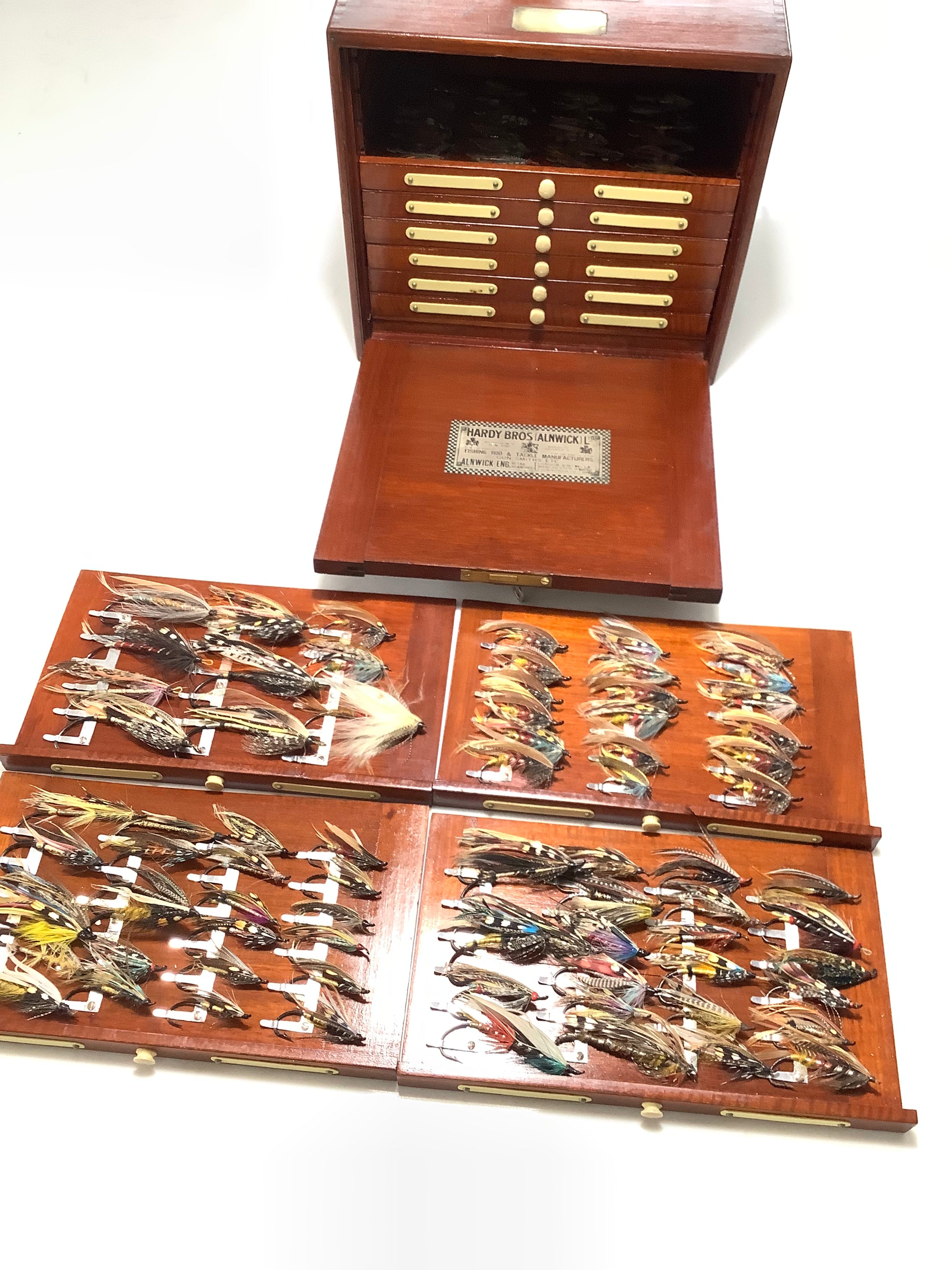 Antique HARDY Bros UNIQUE Salmon Fly Cabinet Fully Loaded with Antique Flies