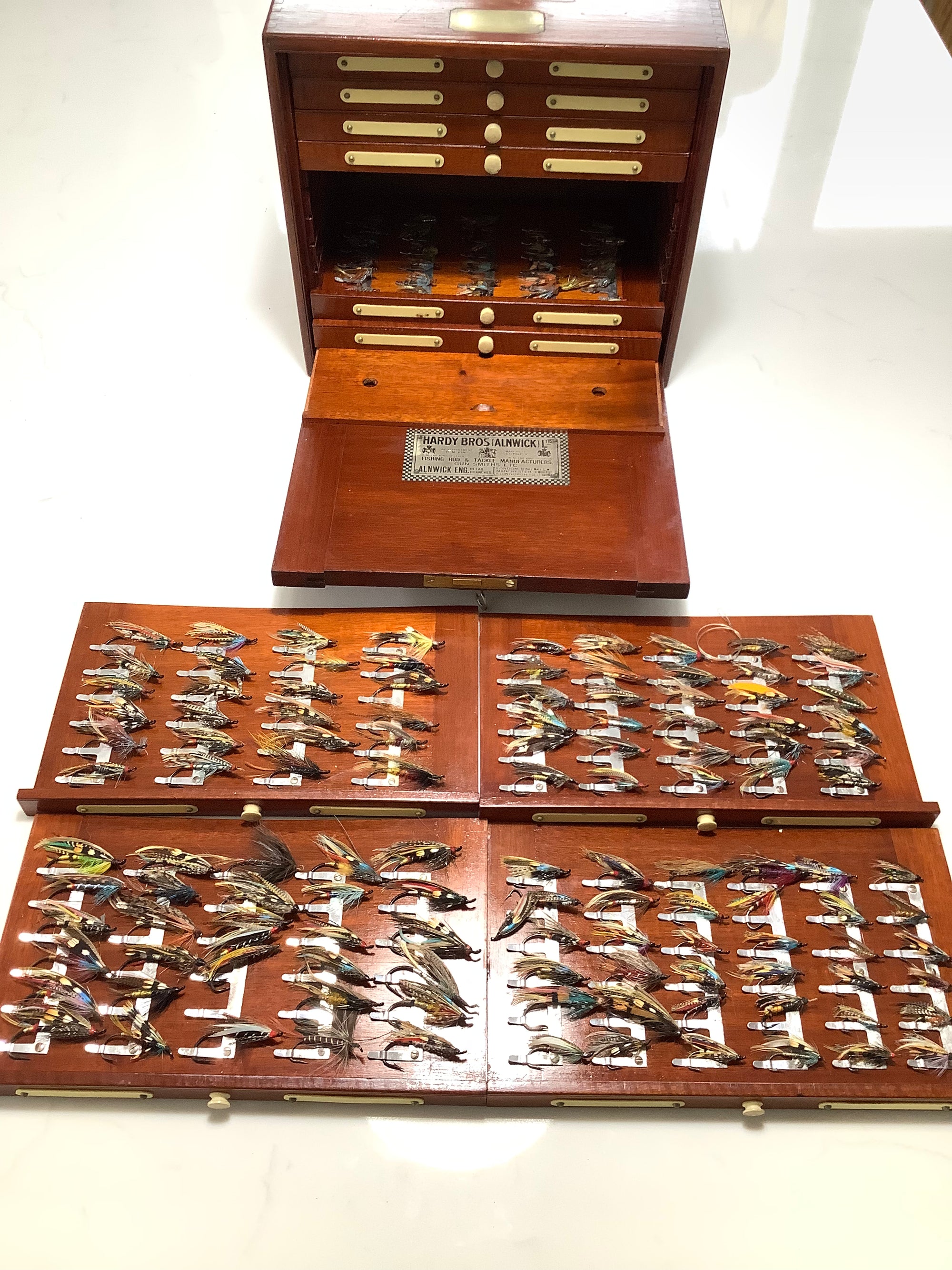 Antique HARDY Bros UNIQUE Salmon Fly Cabinet Fully Loaded with Antique Flies