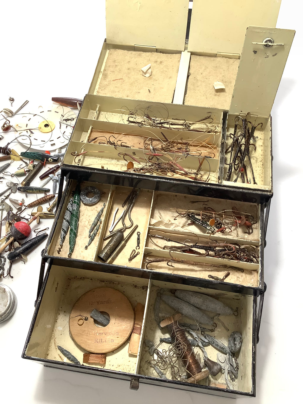 Antique A&N Cantilever Lure Box LOADED With lures etc.. Antique & Vintage.