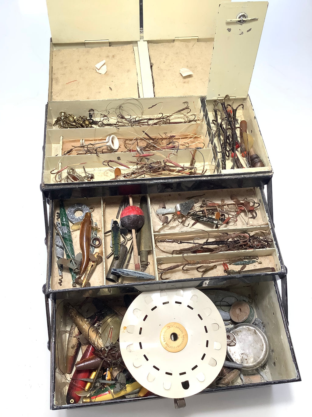 Antique A&N Cantilever Lure Box LOADED With lures etc.. Antique & Vintage.