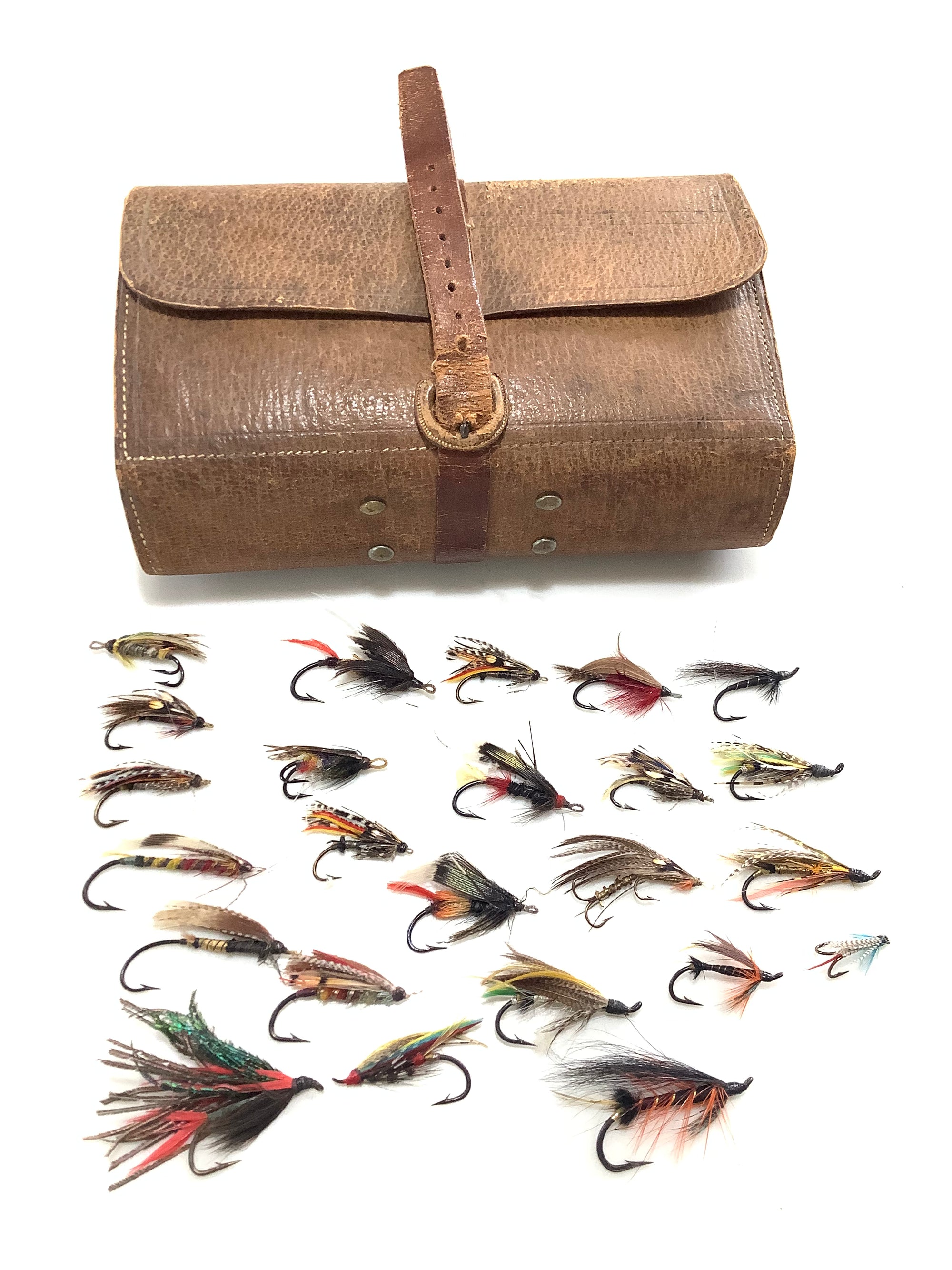 Antique Circa 1900 Leather Salmon/Trout Fly Wallet with Flies