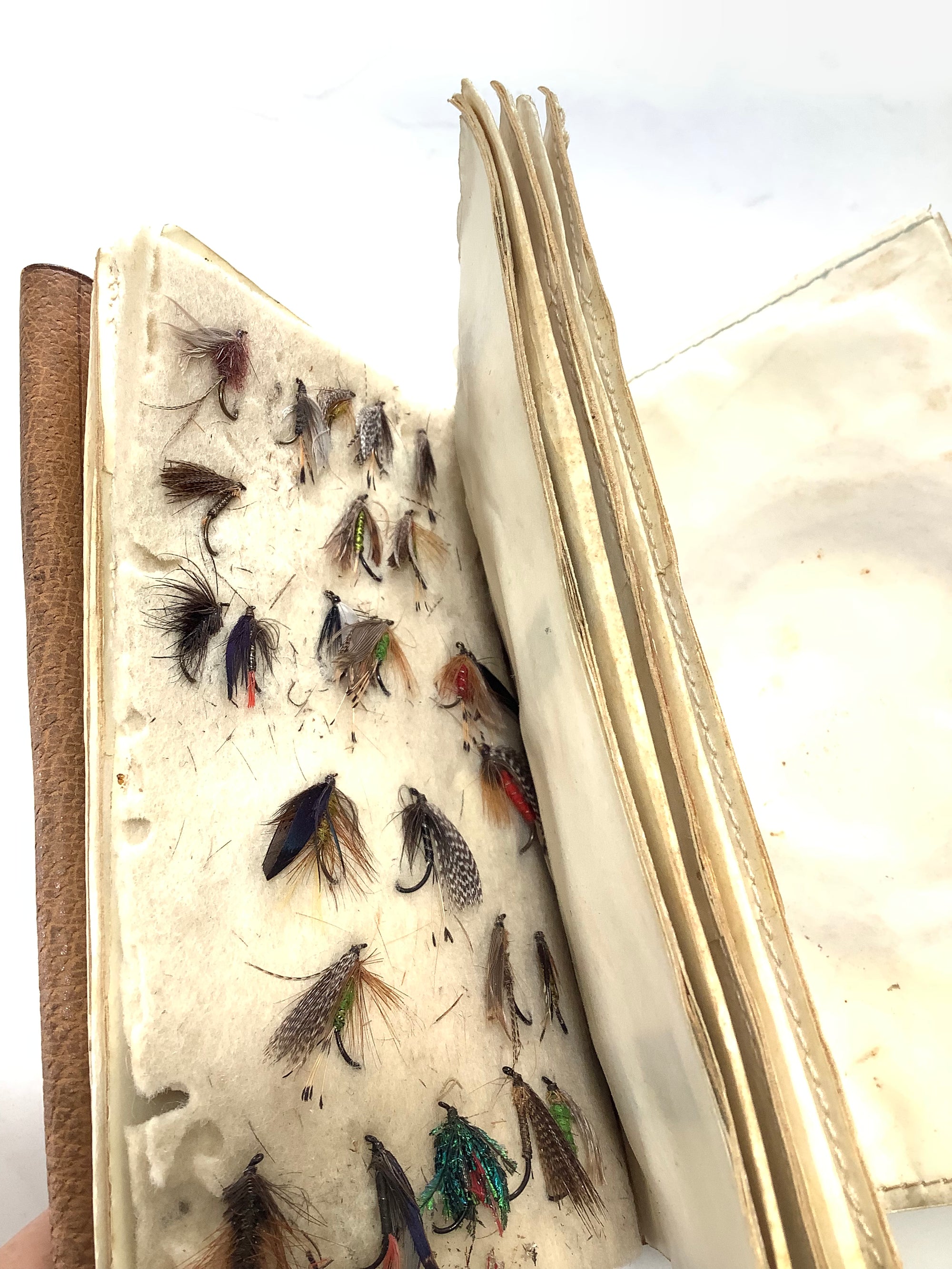 Antique Circa 1900 Leather Salmon/Trout Fly Wallet with Flies