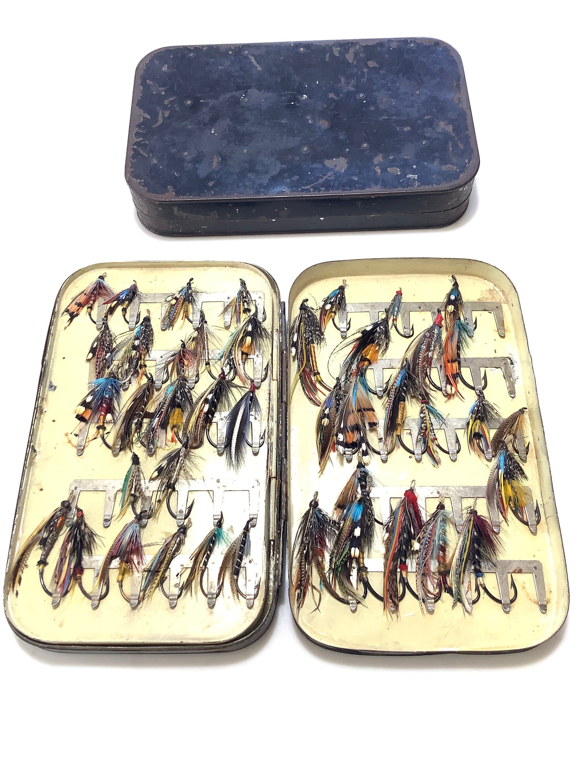 Antique FARLOWS & MALLOCH Large Salmon Fly boxes with selection of Dressed Salmon flies