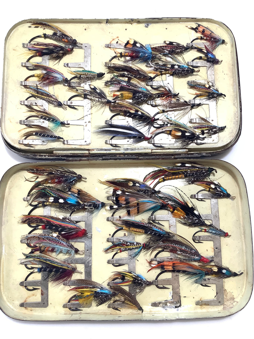 Antique FARLOWS & MALLOCH Large Salmon Fly boxes with selection of Dressed Salmon flies