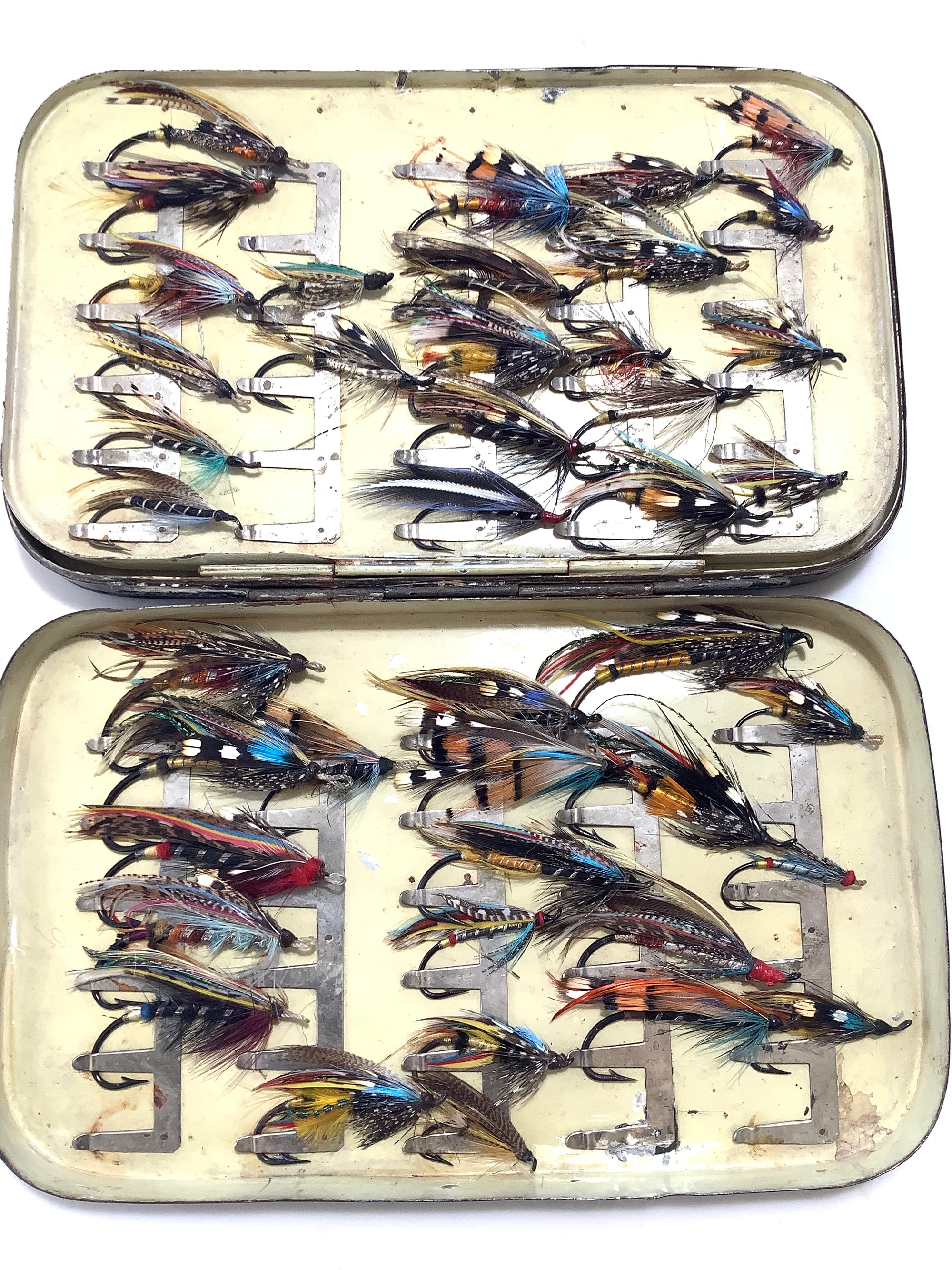 Antique FARLOWS & MALLOCH Large Salmon Fly boxes with selection of Dressed Salmon flies