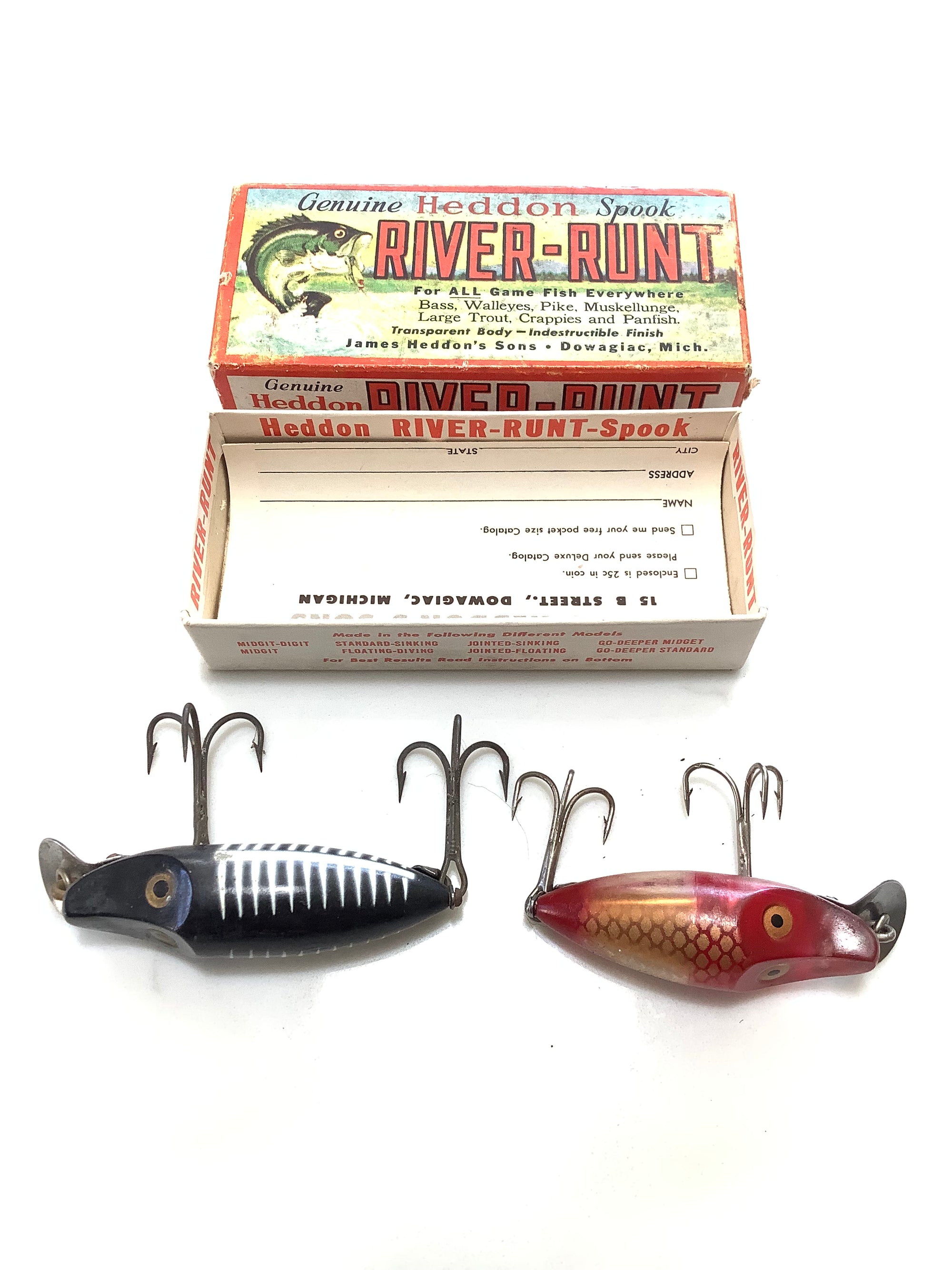 Vintage HEDDON River Runt lures with box