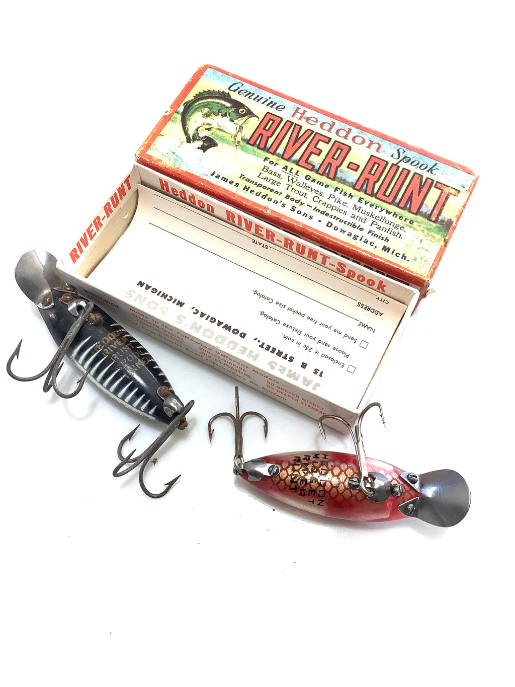 Vintage HEDDON River Runt lures with box