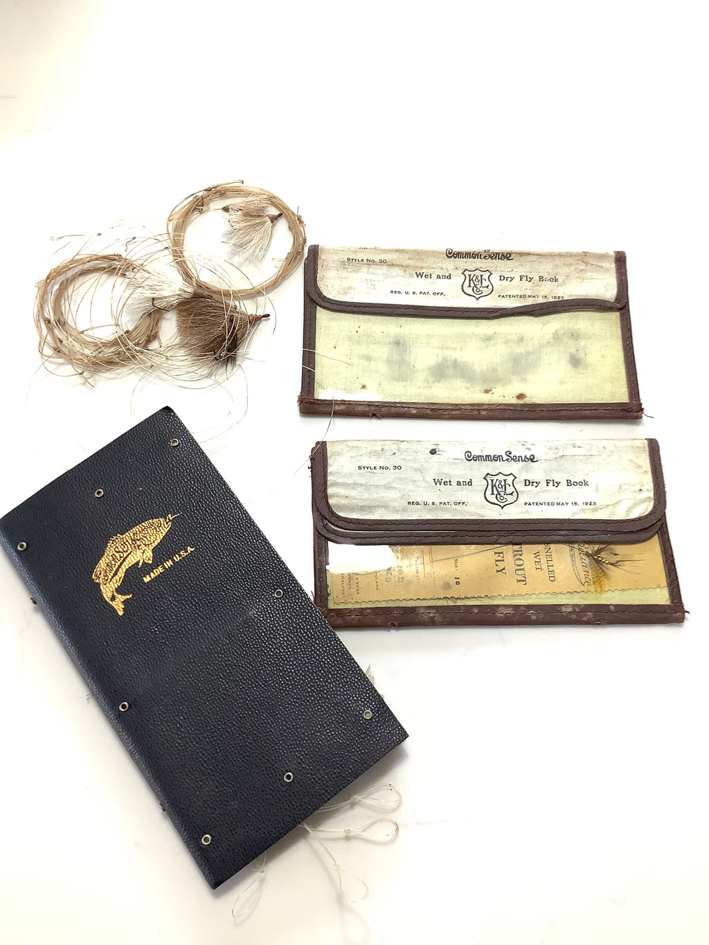 Antique COMMON SENSE Fly Book Wallet with Antique flies to gut