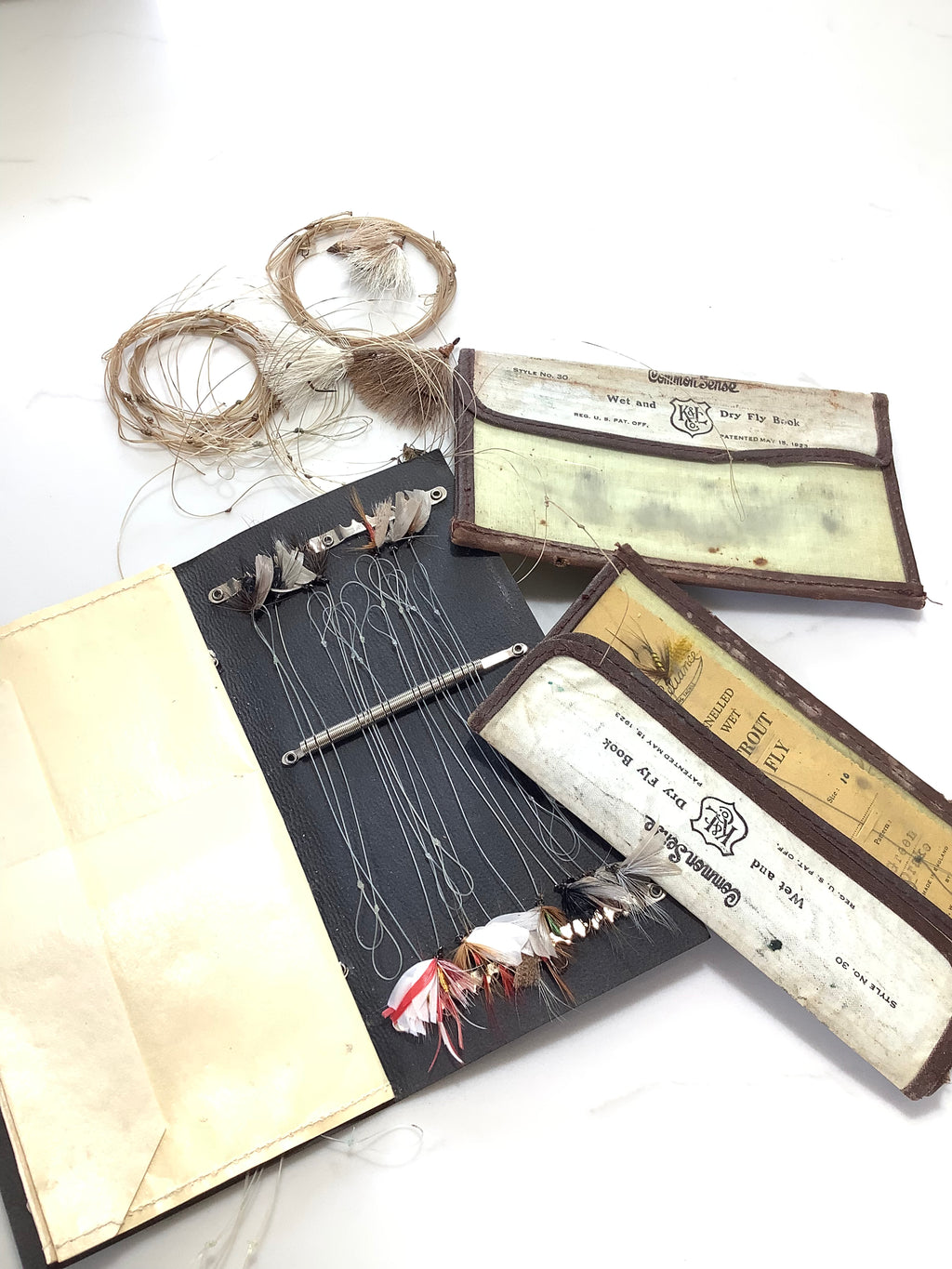 Antique COMMON SENSE Fly Book Wallet with Antique flies to gut
