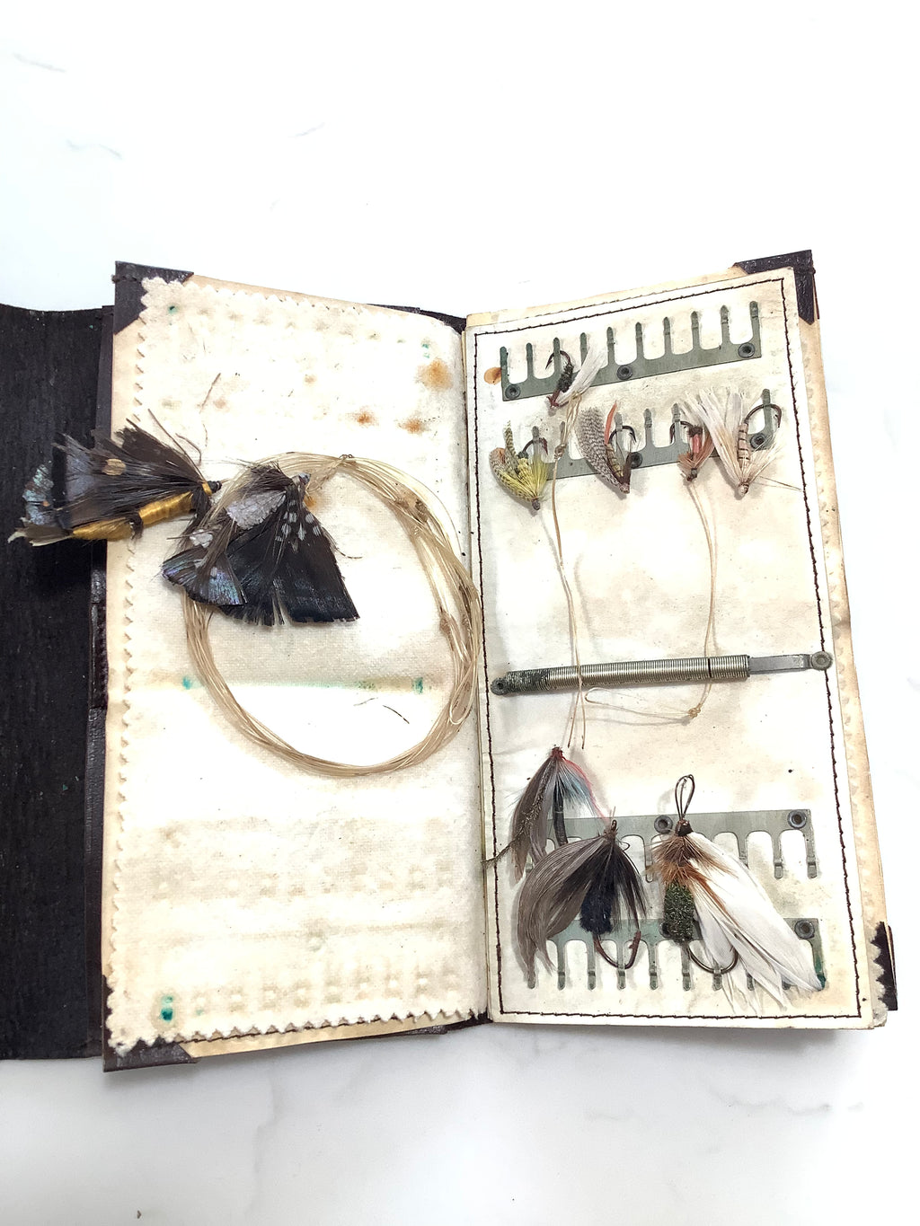 Antique WHEATLEY Leather Fly Wallet with Antique flies to gut