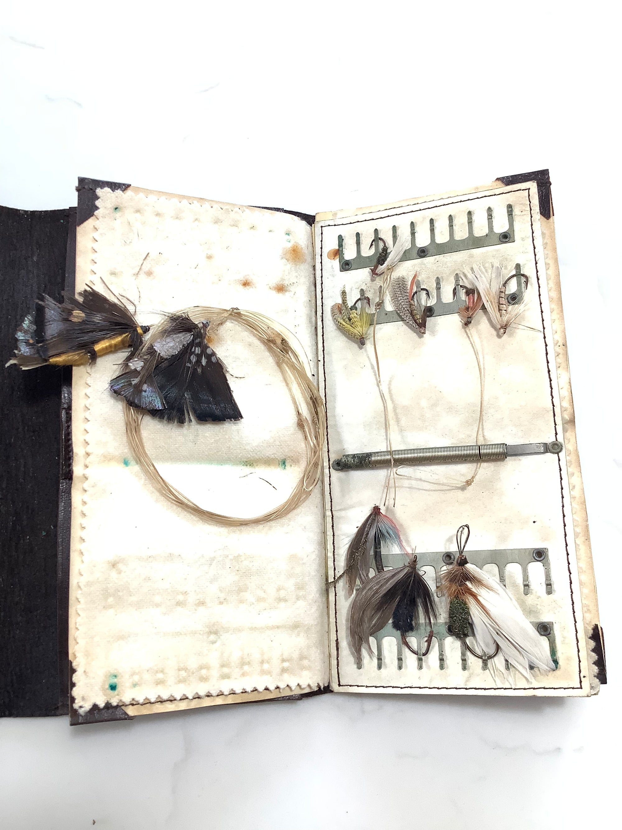 Antique WHEATLEY Leather Fly Wallet with Antique flies to gut