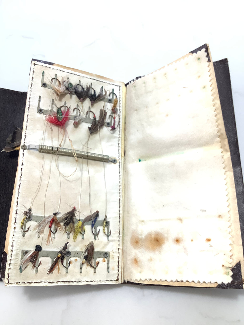 Antique WHEATLEY Leather Fly Wallet with Antique flies to gut