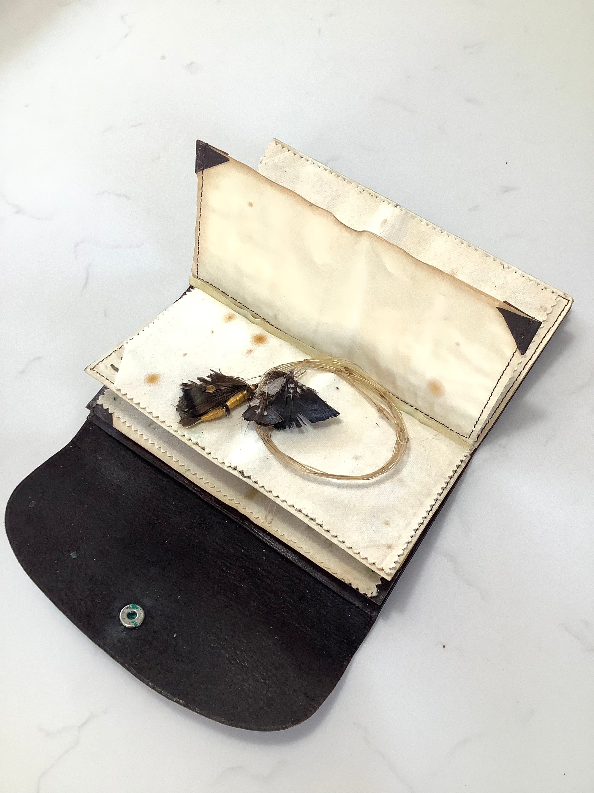 Antique WHEATLEY Leather Fly Wallet with Antique flies to gut