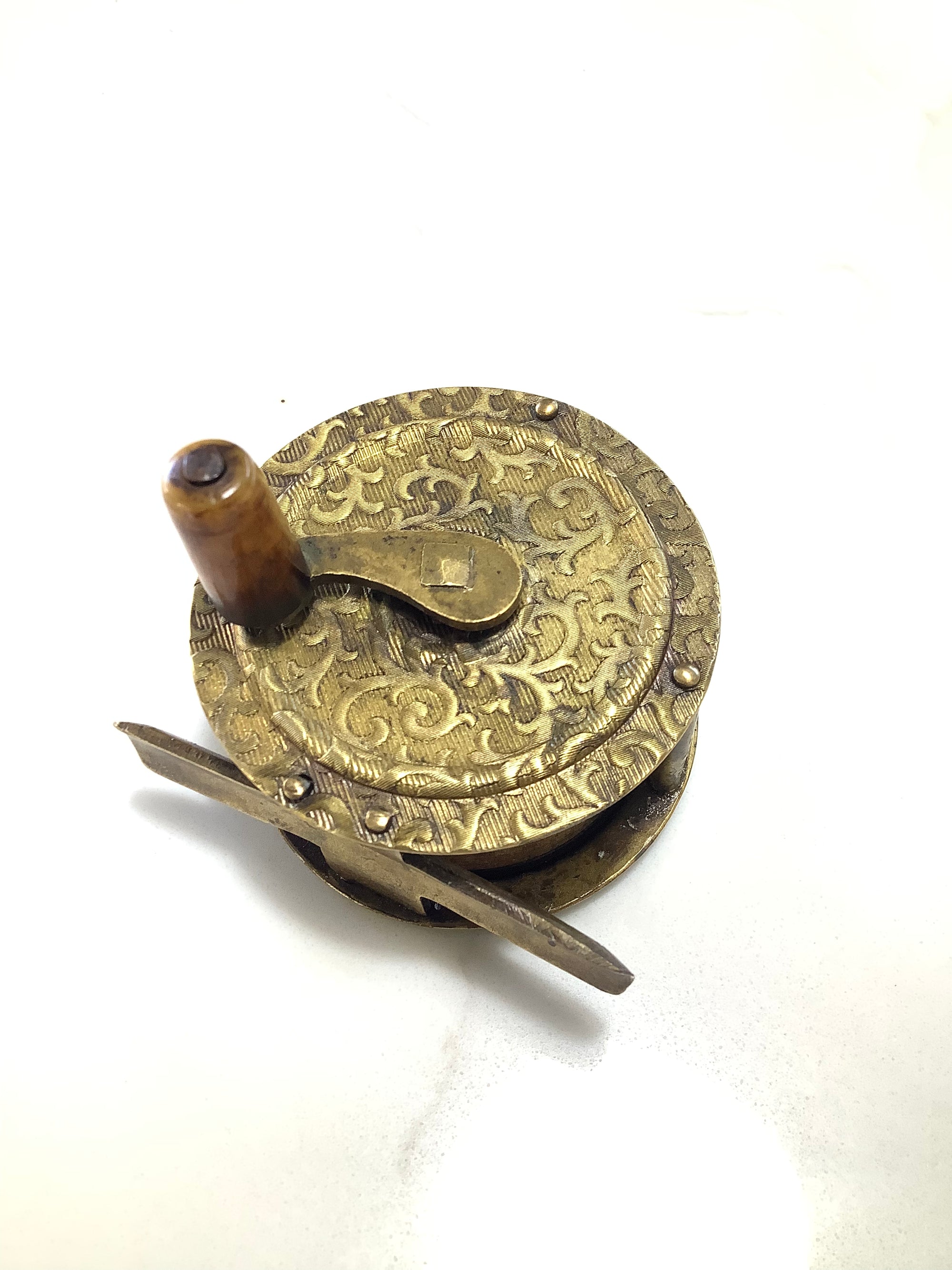 Extremely Rare Antique Embossed Scrolling Acanthus style Brass Winch