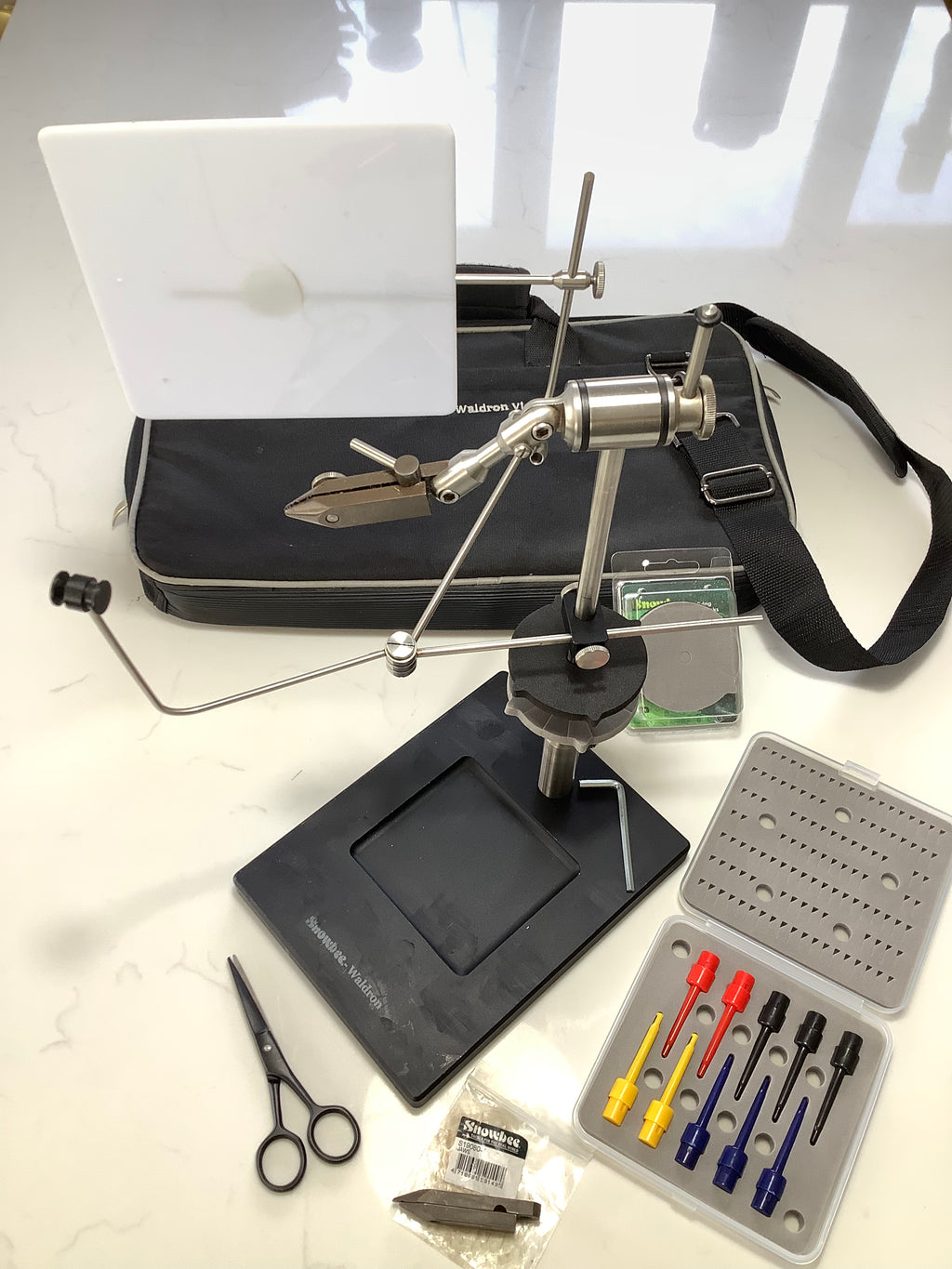 WALDRON Snowbee Fly Tying Rotary Vice with spare Jaws + Lots of Extras