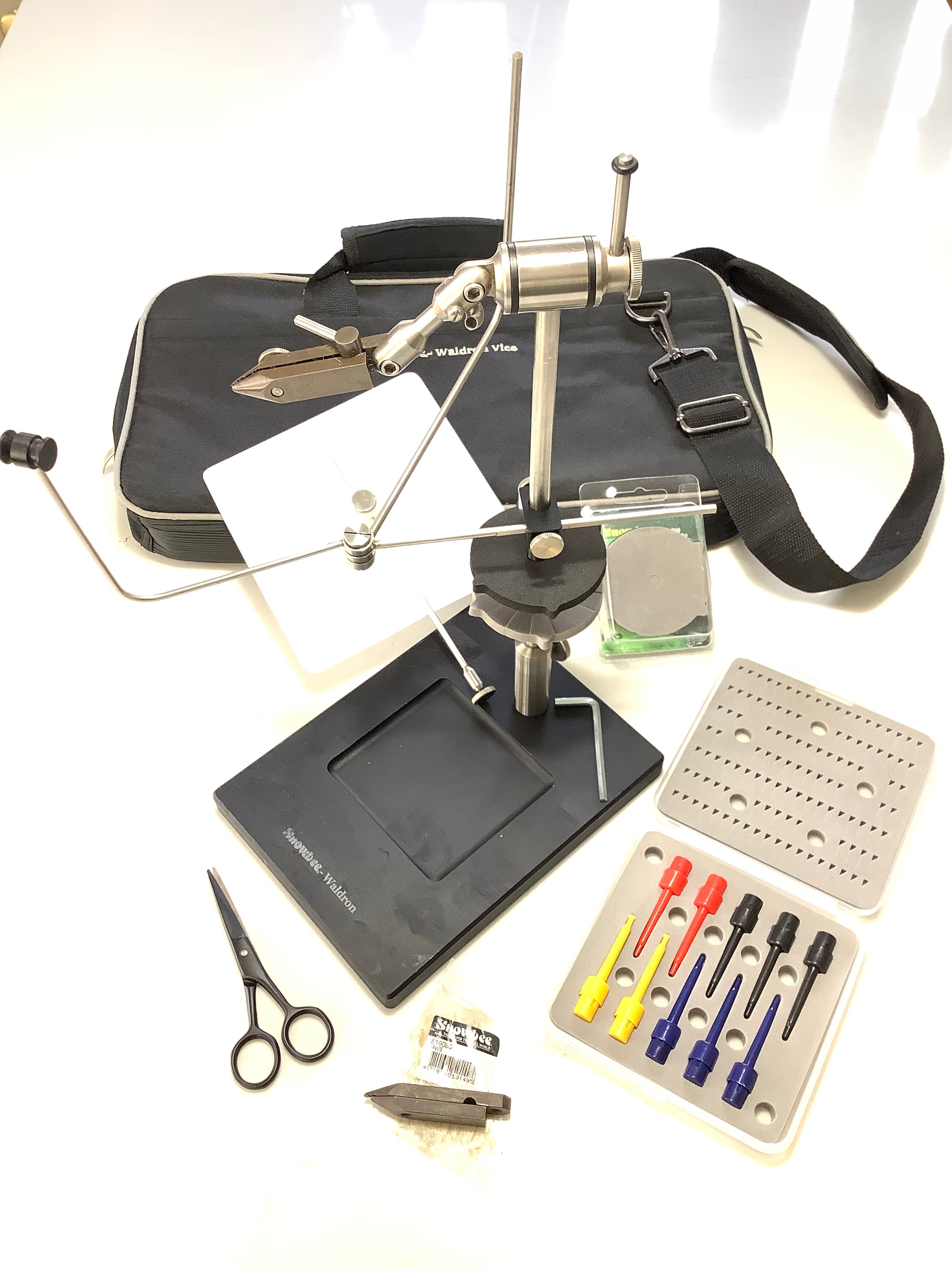WALDRON Snowbee Fly Tying Rotary Vice with spare Jaws + Lots of Extras