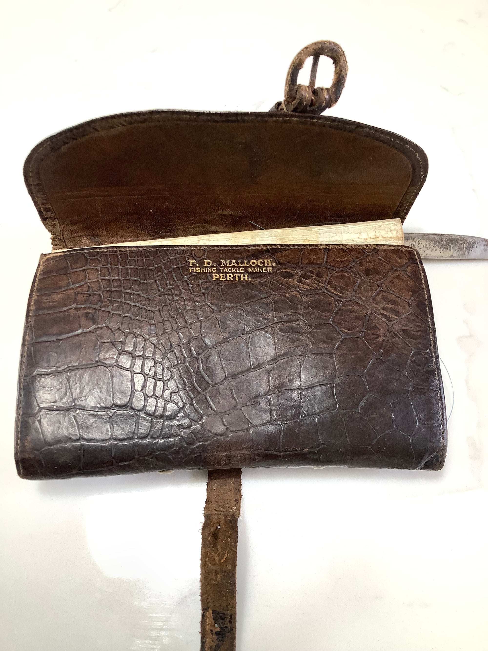 Antique Rare Malloch Crocodile Skin Fly Fishing Wallet with Multi-Tool