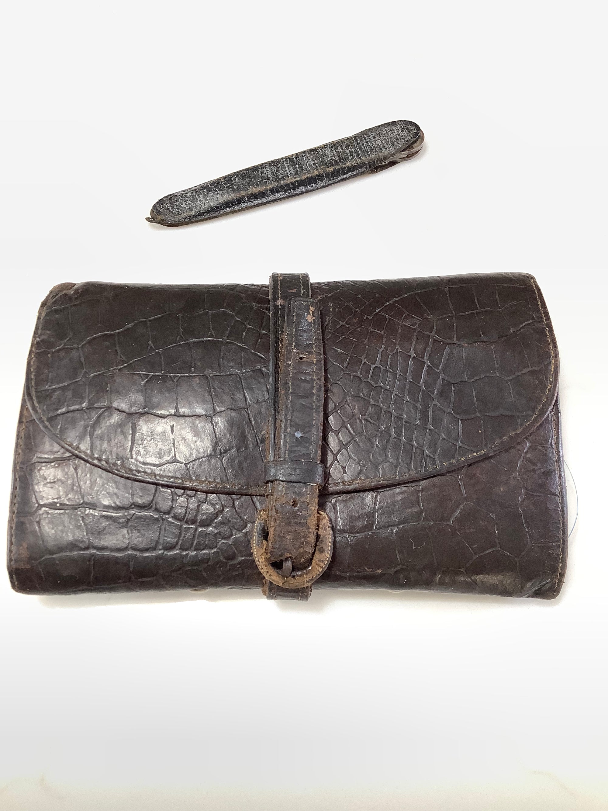 Antique Rare Malloch Crocodile Skin Fly Fishing Wallet with Multi-Tool