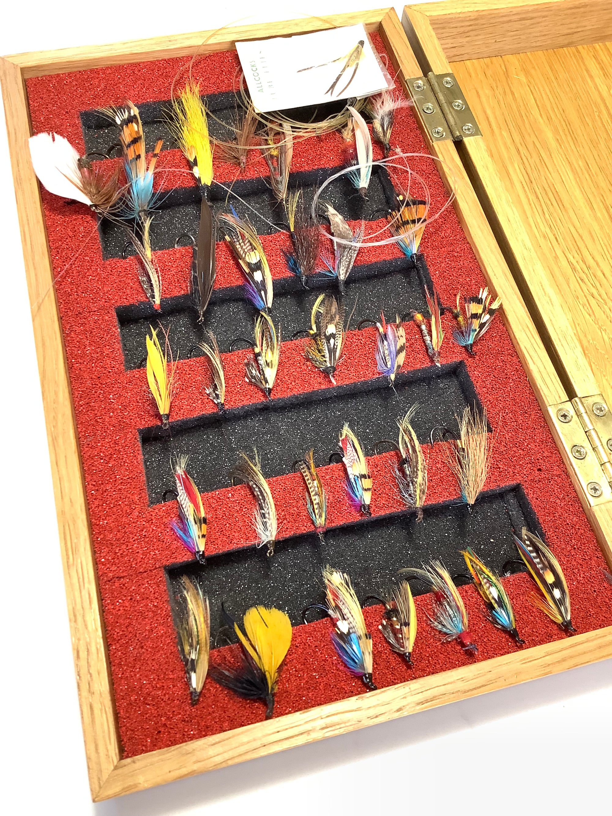Solid OAK Salmon Fly Box with good selection of Traditional Salmon Flies