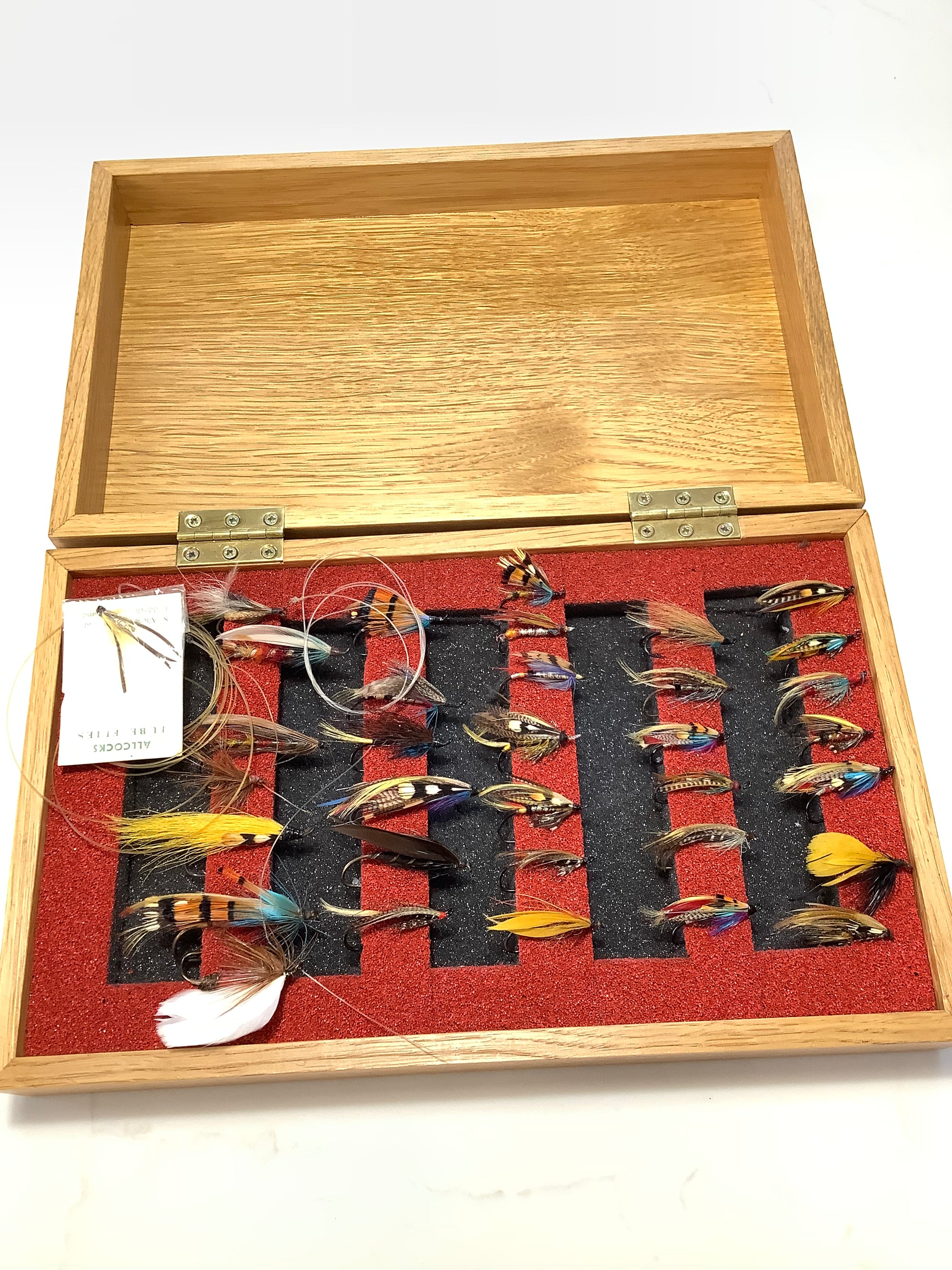 Solid OAK Salmon Fly Box with good selection of Traditional Salmon Flies