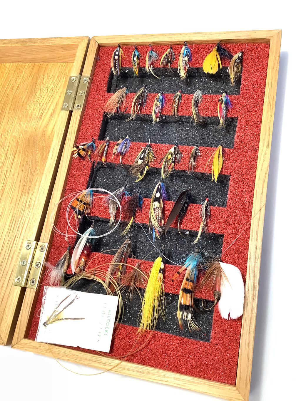 Solid OAK Salmon Fly Box with good selection of Traditional Salmon Flies